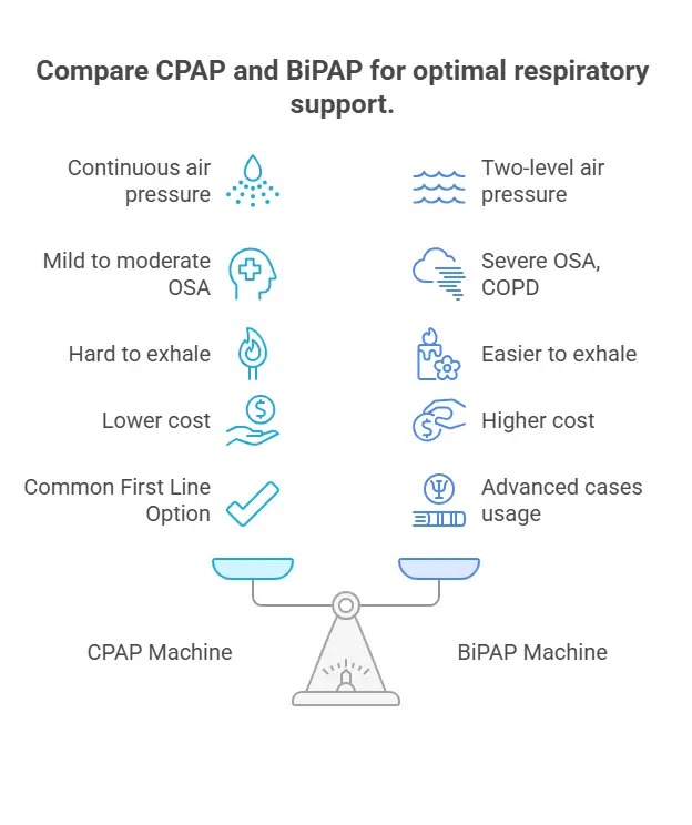 Infographic comparing CPAP and BiPAP machines: CPAP provides continuous air pressure, used for mild to moderate OSA, lower cost but harder to exhale. BiPAP provides two-level air pressure, used for severe OSA and COPD, easier to exhale but higher cost, typically for advanced cases.