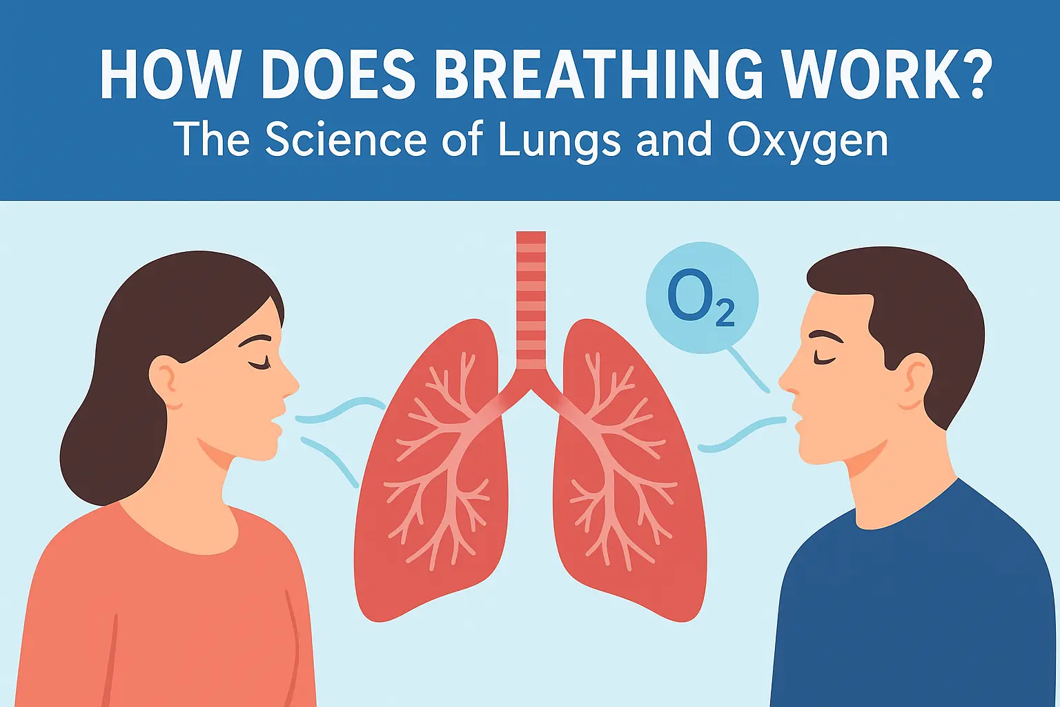 Illustration showing how breathing works: a woman and a man inhaling and exhaling with lungs in the center, highlighting oxygen (O₂) exchange in the respiratory system.