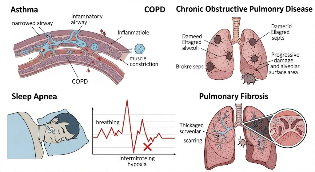 Clinical relevance illustration showing respiratory disorders impacting oxygenation, including asthma with airway narrowing, COPD with damaged alveoli, sleep apnea with interrupted breathing, and pulmonary fibrosis with lung scarring.