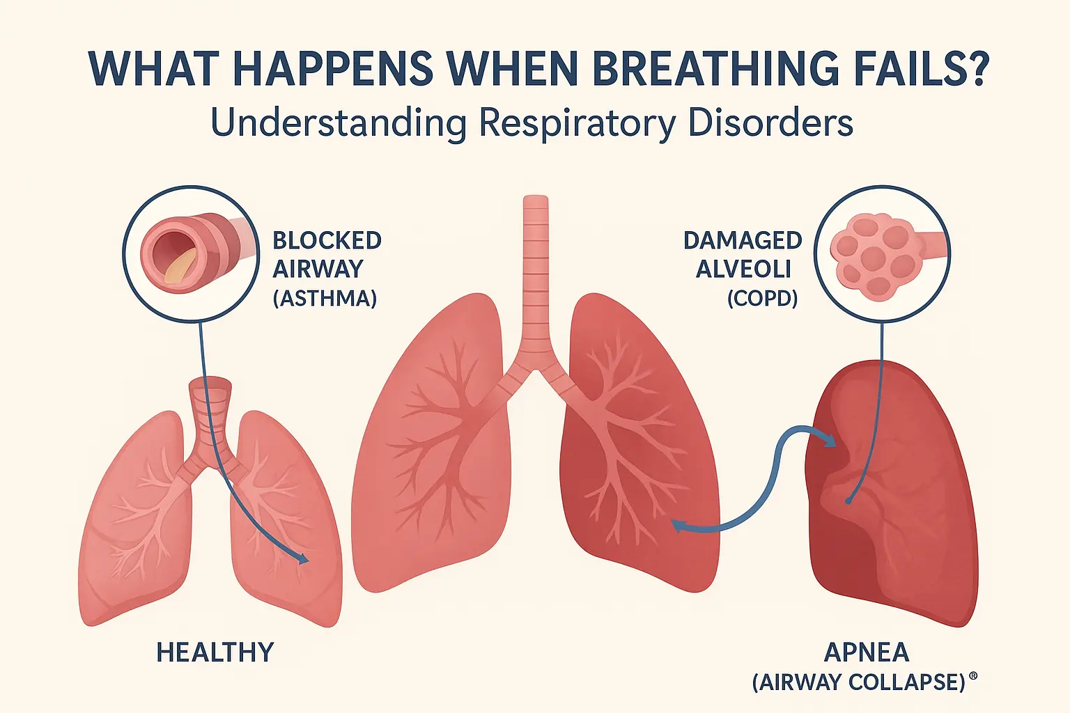 Medical illustration explaining what happens when breathing fails, showing healthy lungs compared with blocked airway in asthma, damaged alveoli in COPD, and airway collapse in sleep apnea.