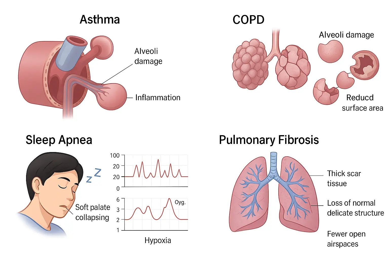 Clinical relevance illustration showing respiratory disorders impacting oxygenation, including asthma with airway narrowing, COPD with damaged alveoli, sleep apnea with interrupted breathing, and pulmonary fibrosis with lung scarring.