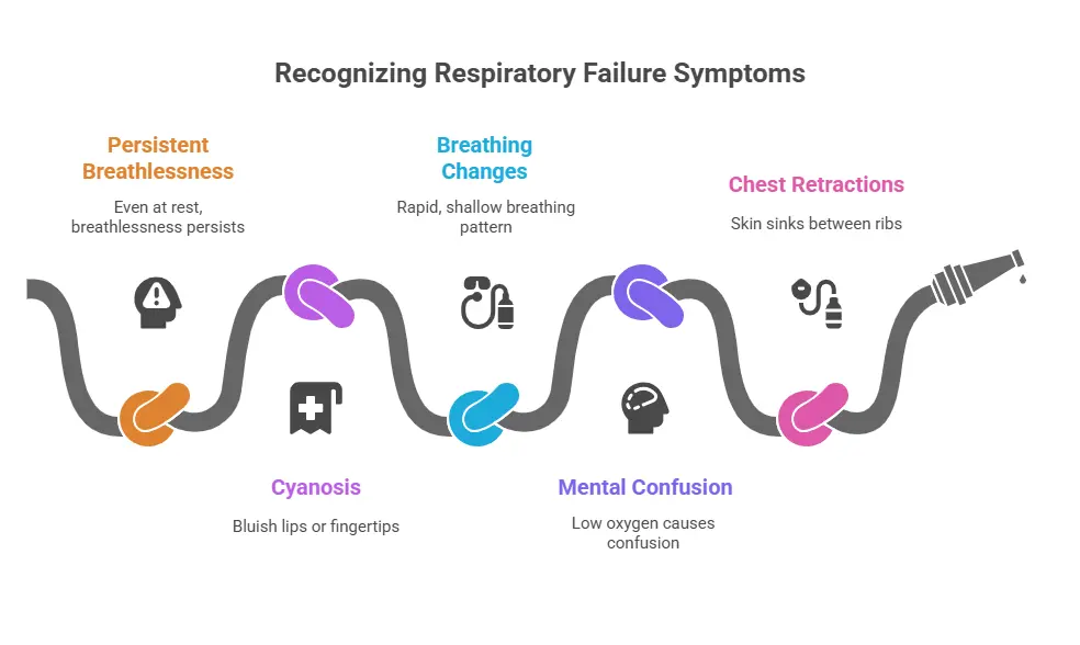 Alt Text: A diagram titled "Recognizing Respiratory Failure Symptoms." It shows a wavy line with five colored knots, each representing a symptom. From left to right: an orange knot with a person icon for "Persistent Breathlessness" (Even at rest, breathlessness persists), a blue knot with a breathing machine icon for "Breathing Changes" (Rapid, shallow breathing pattern), and a pink knot with a chest icon for "Chest Retractions" (Skin sinks between ribs). Below the line, a purple knot with a medical cross icon represents "Cyanosis" (Bluish lips or fingertips), and a black knot with a head icon represents "Mental Confusion" (Low oxygen causes confusion).
