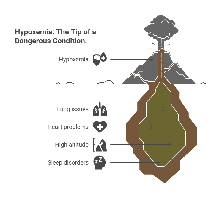  A diagram using the metaphor of a volcano to explain hypoxemia. The title reads "Hypoxemia: The Tip of a Dangerous Condition." The top of the volcano, representing hypoxemia, is shown erupting, with an icon of a blood bag with a plus sign, signifying low blood oxygen. Below the surface, the core of the volcano lists the underlying causes of hypoxemia, with arrows pointing inward: lung issues, heart problems, high altitude, and sleep disorders. Each cause is accompanied by a relevant icon.