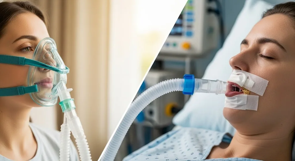 A conceptual diagram visually contrasting non-invasive and invasive respiratory support. The left side shows a stylized human head in profile with a gentle stream of light and air flowing into the mouth. The right side shows a more mechanical, stylized hea