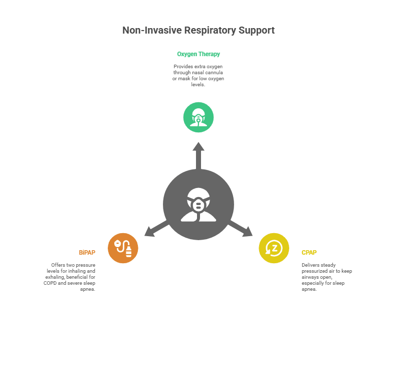 A diagram titled "Non-Invasive Respiratory Support." A central icon of a person with a mask branches out with arrows to three different types of support. To the top is a green icon for "Oxygen Therapy," which provides extra oxygen. To the bottom-left is an orange icon for "BiPAP," which offers two pressure levels for inhaling and exhaling. To the bottom-right is a yellow icon for "CPAP," which delivers steady pressurized air. Each section includes a brief description of the therapy.