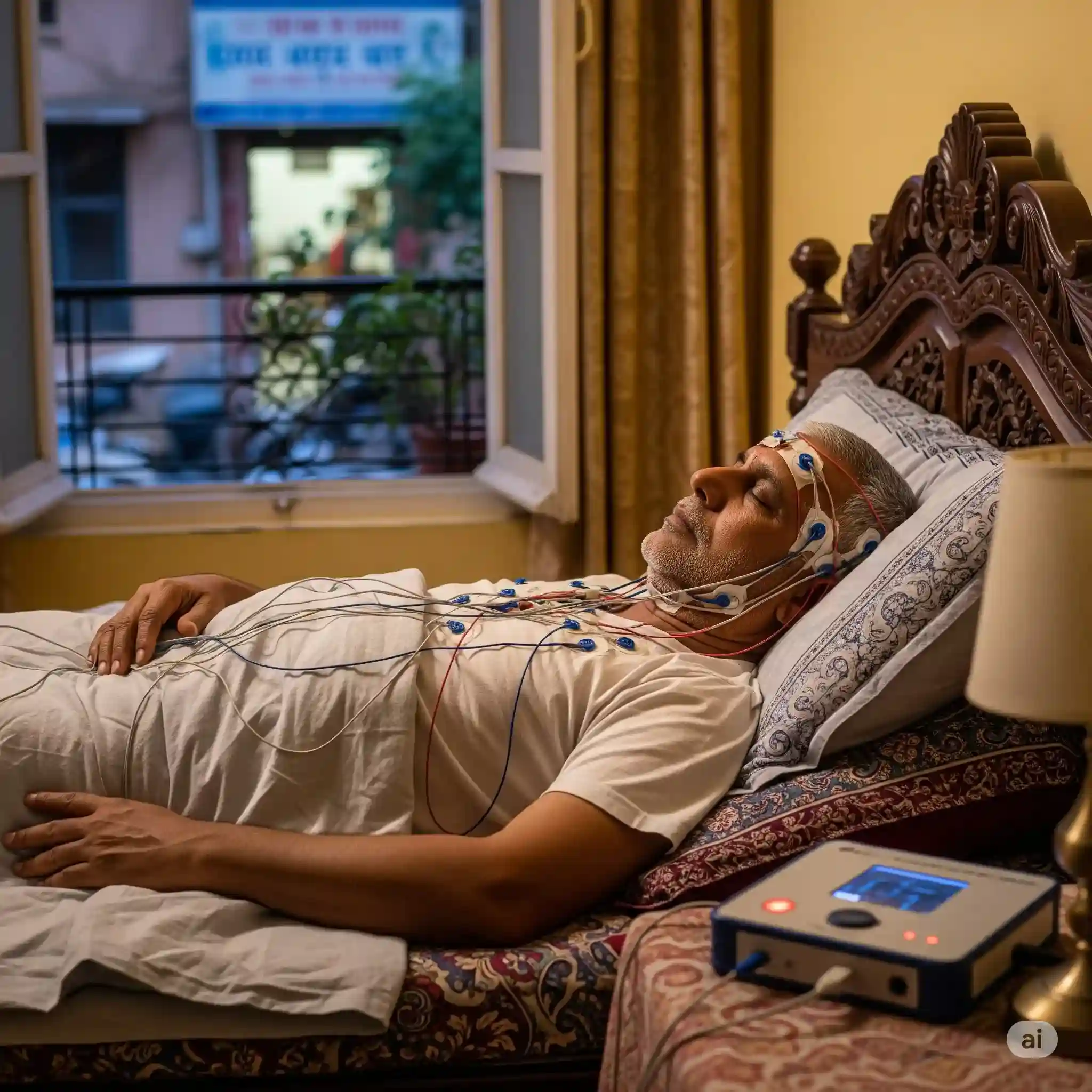Elderly man undergoing a sleep study test at home with monitoring electrodes and medical device beside the bed.