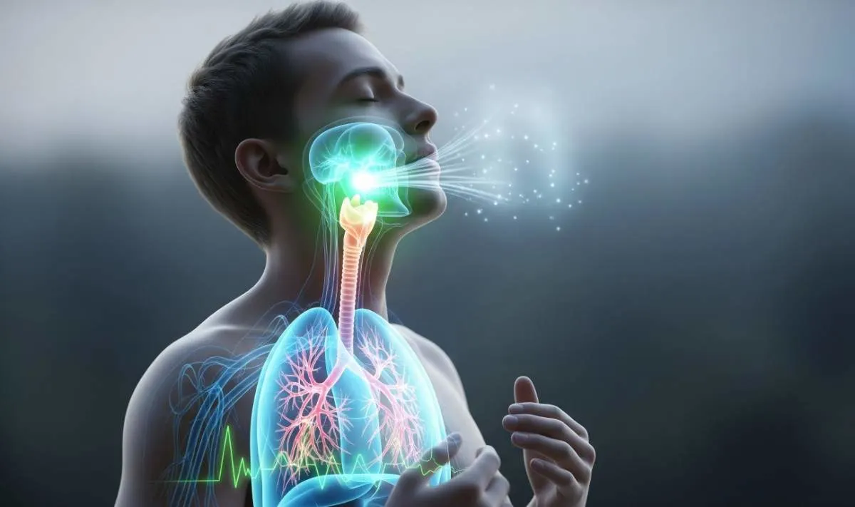 A striking visual representation of a healthy person taking a deep breath, with a glowing, transparent diagram of the respiratory system highlighting the lungs and airways.