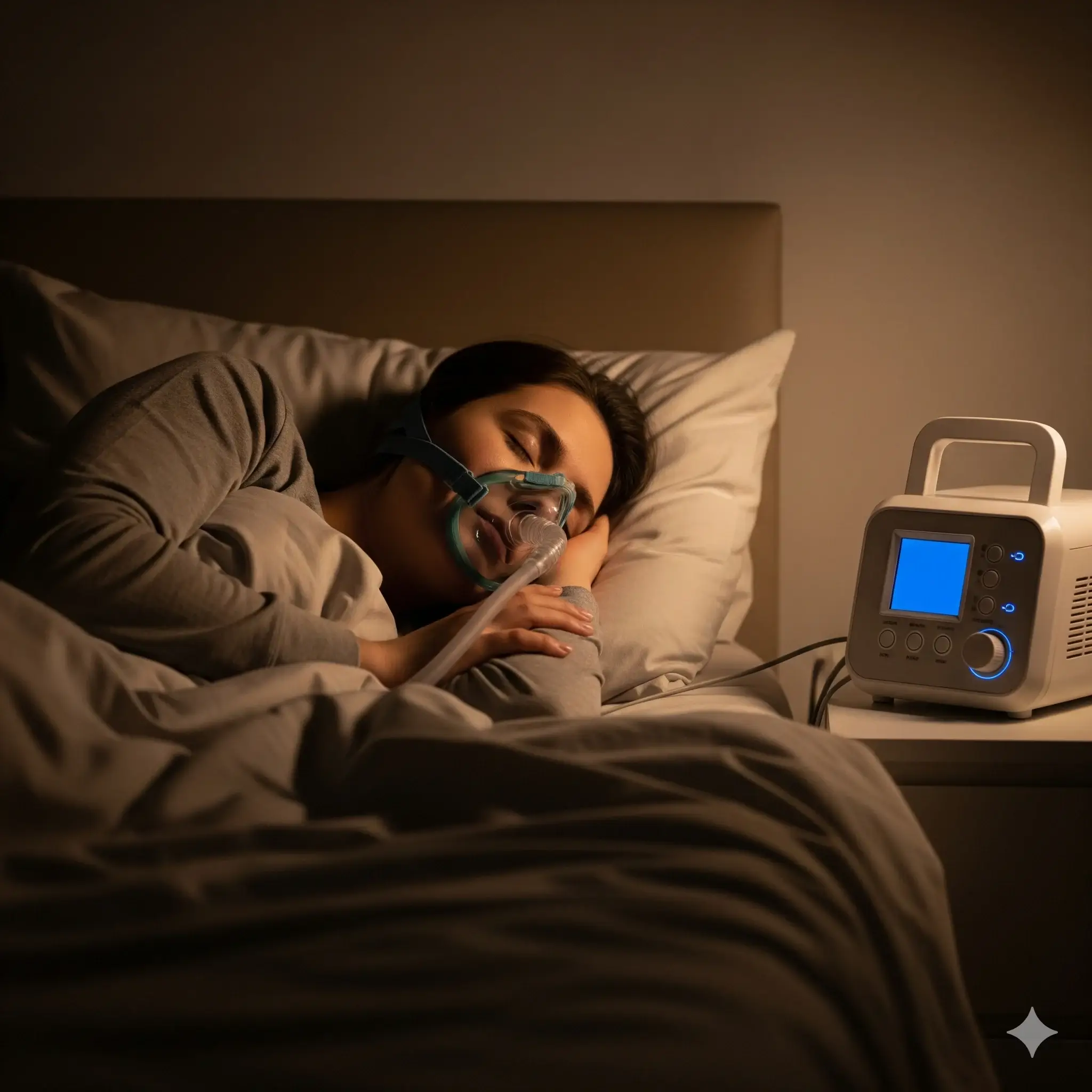 A person sleeping peacefully with a CPAP mask on, illustrating the effectiveness of the device for a restful night's sleep.