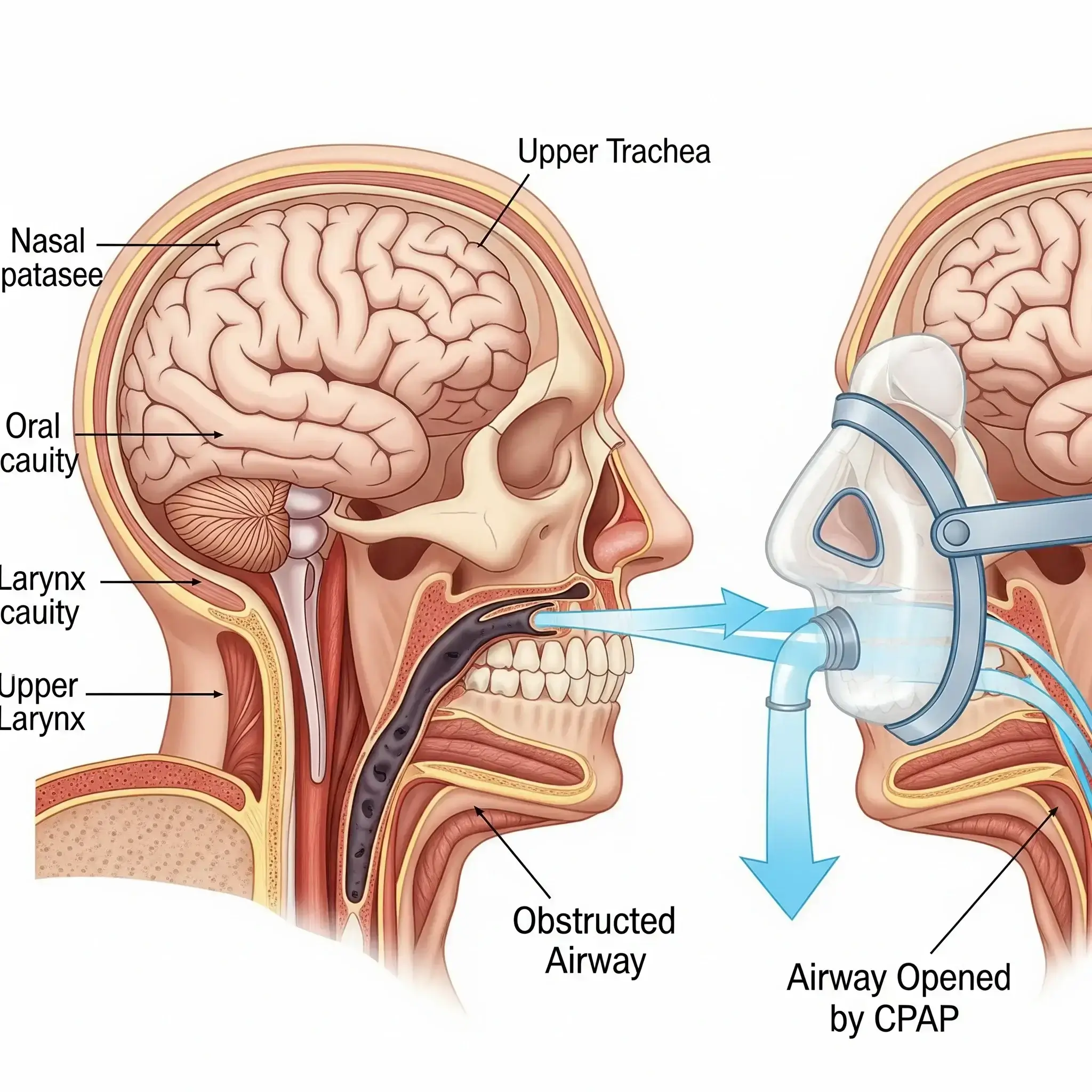 A medical diagram showing a cross-section of an obstructed airway and how a CPAP machine's airflow opens it.