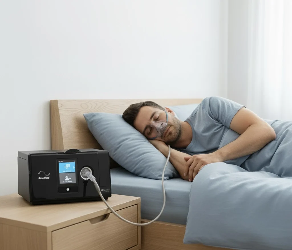A man sleeps peacefully on his side in a brightly lit bedroom, wearing a nasal pillow mask. The mask is connected by a hose to a black ResMed AirSense 11 APAP machine, which rests on a wooden bedside table. The room has a modern, minimalist aesthetic.