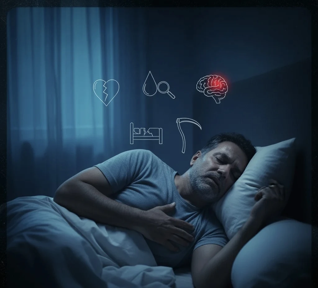 A man sleeps restlessly in a dark, blue-hued bedroom, clutching his chest. Above him, white outline icons illustrate the dangers of untreated sleep apnea: a broken heart for heart disease, a blood drop with a magnifying glass for high blood pressure, a glo