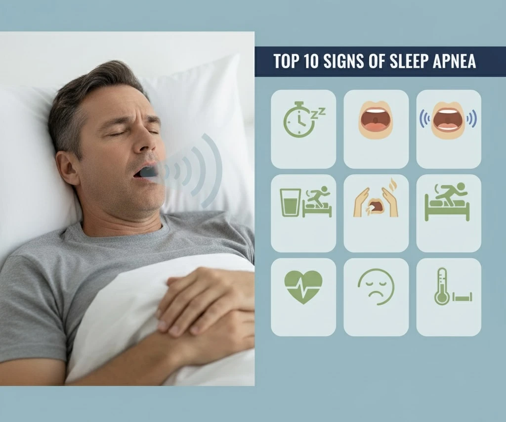 Man sleeping with an oral appliance, accompanied by an infographic showing the top 10 signs of sleep apnea: excessive daytime sleepiness, loud snoring, morning headaches, restless sleep, dry mouth/sore throat, frequent nighttime urination, high blood press