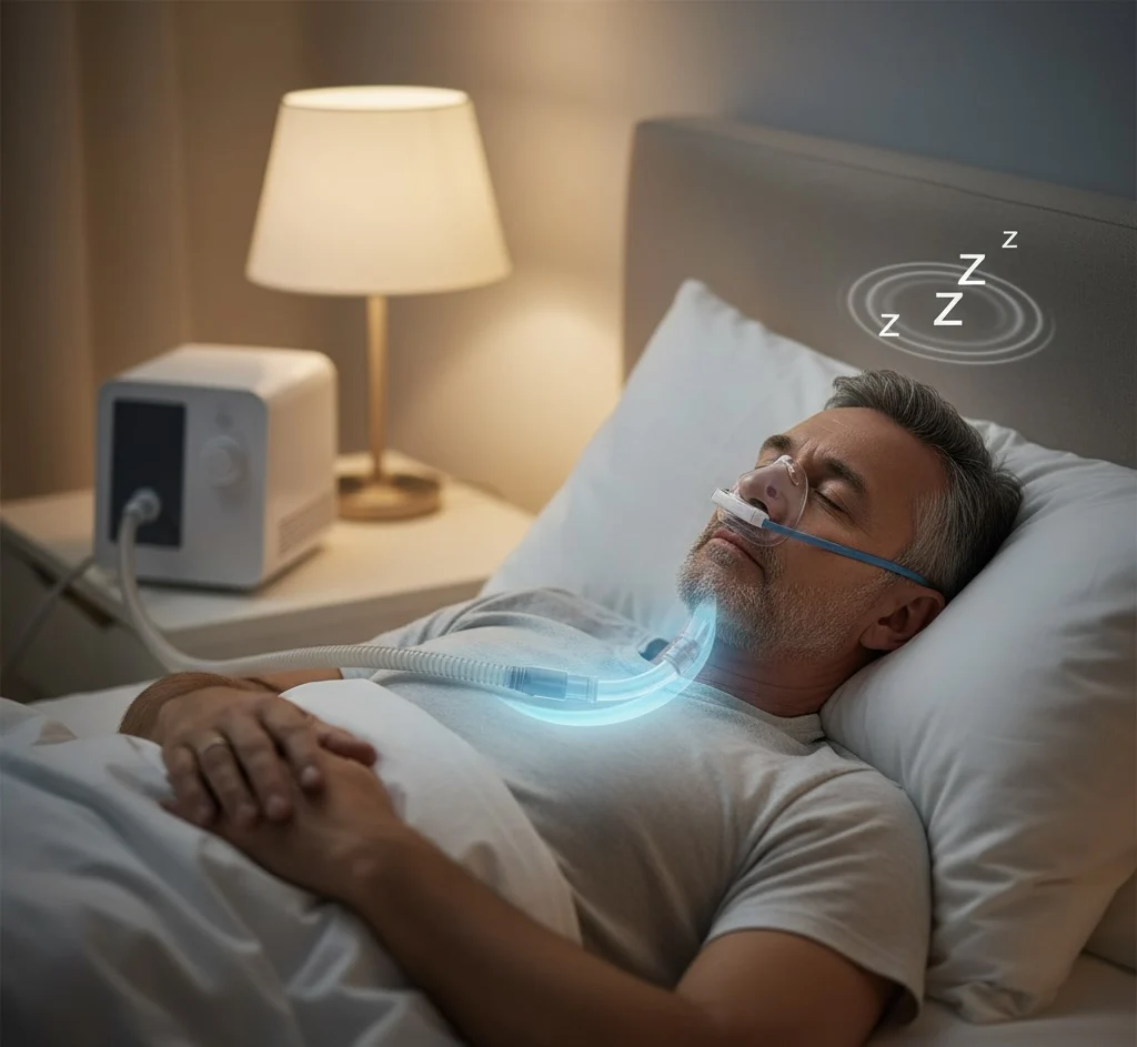 A man sleeping peacefully in bed using a PAP (Positive Airway Pressure) therapy machine with a nasal mask. A glowing blue light visually represents the open airway, and 'Zzz' symbols with ripples indicate quiet, restful sleep thanks to the device.
