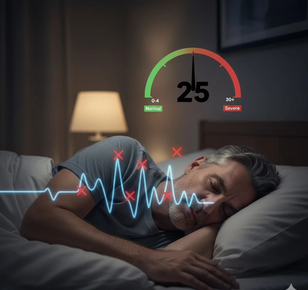A man sleeping in bed with a glowing blue line graph representing his breathing patterns superimposed over him, showing peaks and 'X' marks indicating apneas or hypopneas. Above him, a semi-circular gauge shows a needle pointing to a '25', with a gradient
