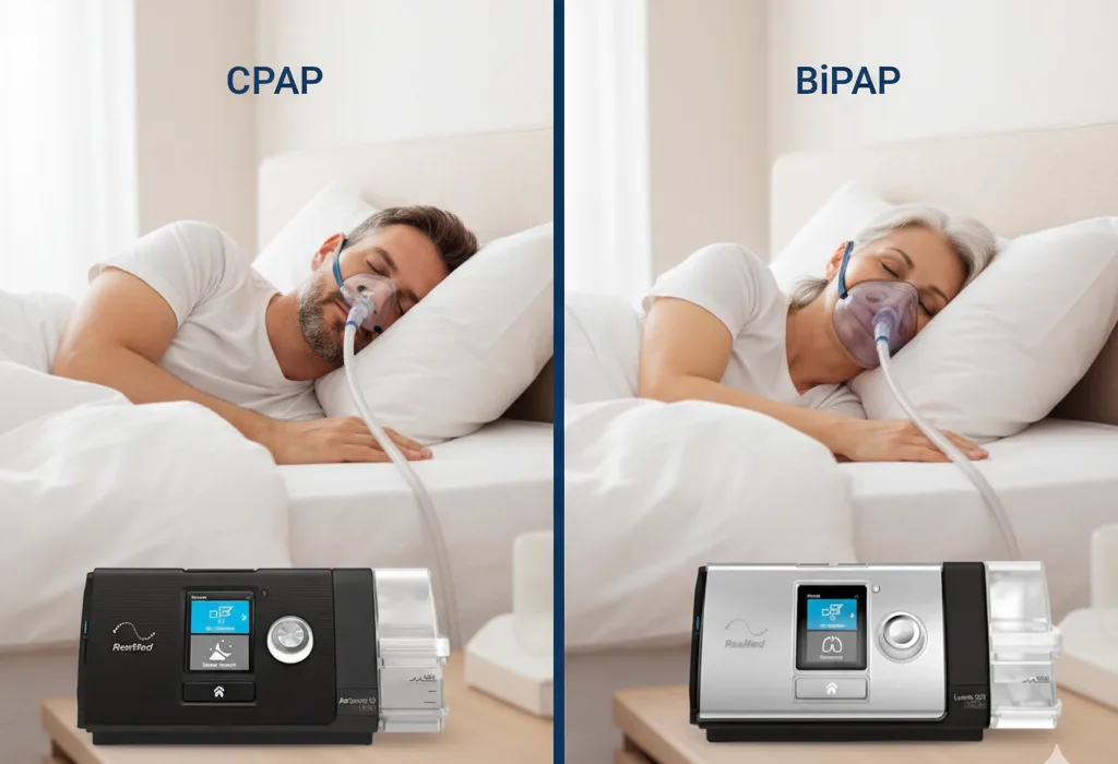 Split image showing a man using a black ResMed AirSense 10 CPAP machine for sleep apnea, and a woman using a silver ResMed Lumis 150 BiPAP machine for sleep apnea treatment, illustrating different home therapy options.