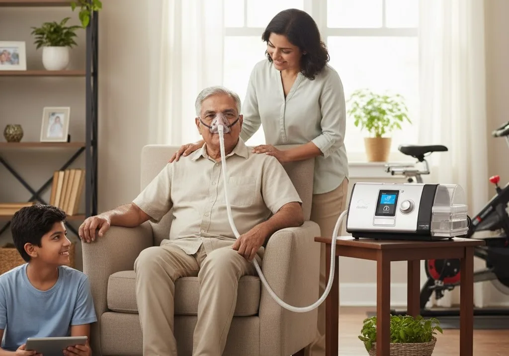 Elderly man with COPD using a ResMed Lumis 150 BiPAP machine at home, supported by a caring woman and child. The image illustrates family involvement in managing COPD with home care strategies.