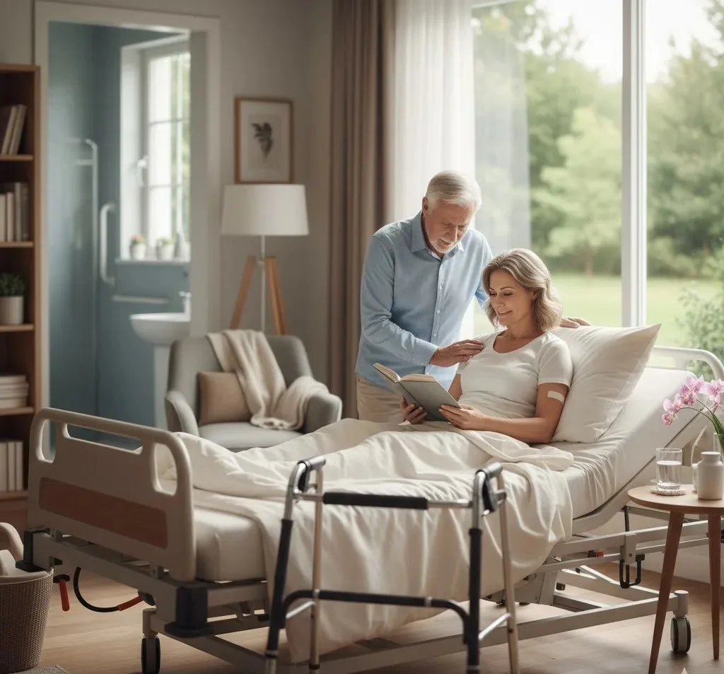 A serene scene of a senior woman recovering in an adjustable hospital bed at home, reading a book, while a caring senior man attends to her. A walker stands ready beside the bed, and soft natural light from a large window illuminates the comfortable and su