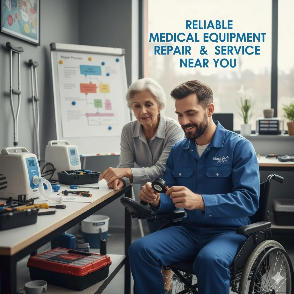 Technician repairing medical equipment with patient at a service center – Reliable medical equipment repair and maintenance by Healthy Jeena Sikho.