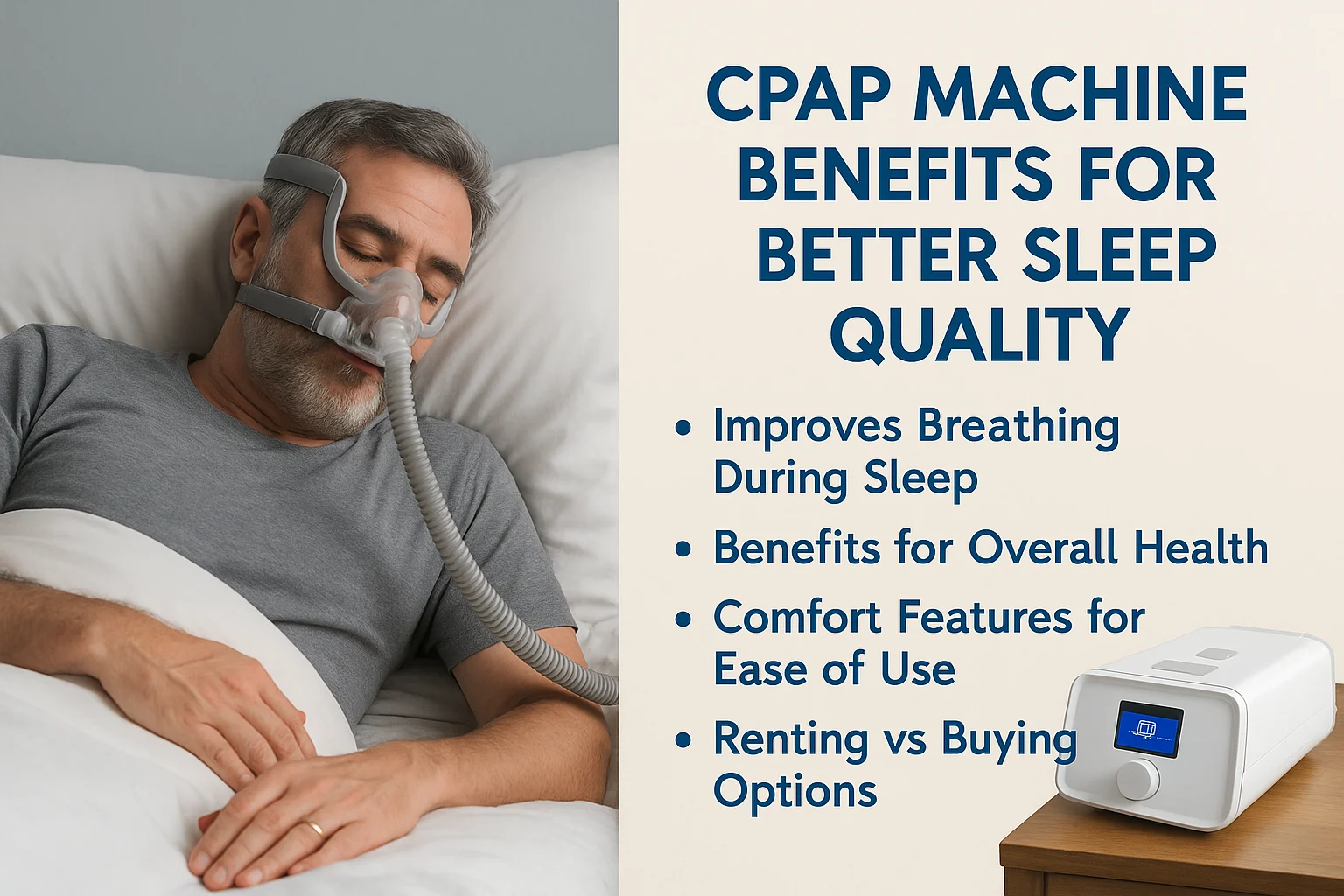 Man sleeping with a CPAP machine to treat sleep apnea, demonstrating CPAP benefits for better breathing and improved sleep quality.
