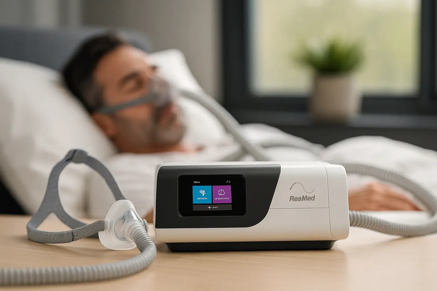ResMed CPAP machine placed on a bedside table with tubing attached, while a patient sleeps comfortably in the background using a CPAP mask.