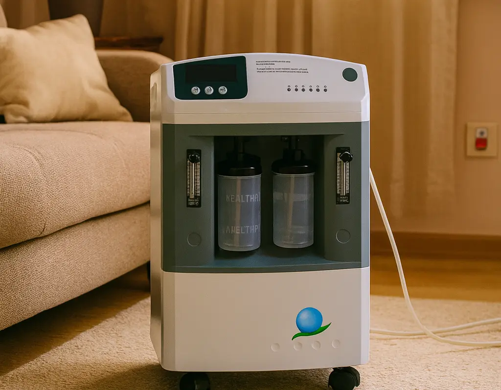 Oxygen concentrator placed in a home setting, showing dual humidifier bottles and control panel, used for safe respiratory therapy at home.