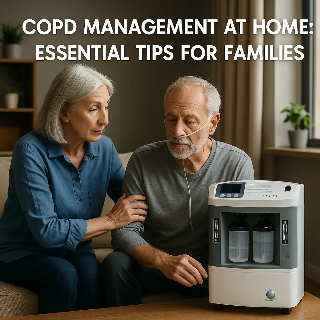 Elderly man with COPD using a nasal oxygen tube at home while a caregiver supports him, with an oxygen concentrator placed beside them.