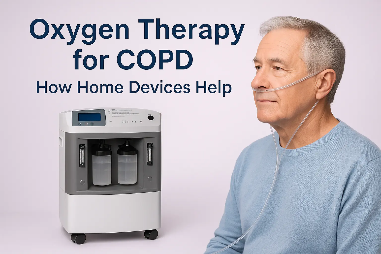 Elderly man using a nasal oxygen cannula beside a home oxygen concentrator, illustrating how oxygen therapy supports COPD patients.
