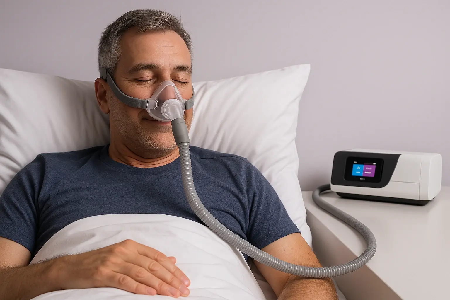 Man sleeping comfortably with a CPAP mask connected to a bedside CPAP machine, illustrating improved sleep quality for sleep apnea treatment.
