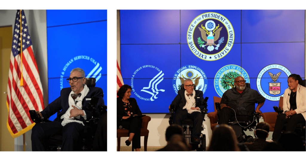First image: Attorney Andrés Gallegos presenting at the White House Forum on Disability Rights in Washington, D.C. for the 50th  Anniversary of the Rehabilitation Act of 1973.Second Image: Attorney Andrés Gallegos presenting at Washington,  D.C. alongside three other speakers. 