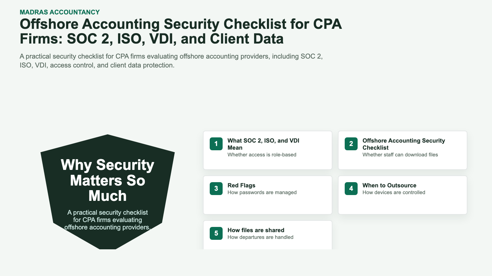 Offshore Accounting Security Checklist for CPA Firms: SOC 2, ISO, VDI, and Client Data infographic