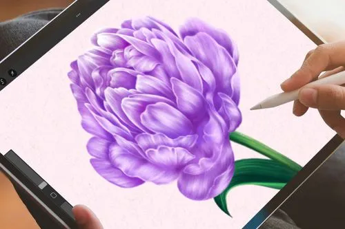 Hand holding a stylus drawing a detailed purple flower on a digital tablet.