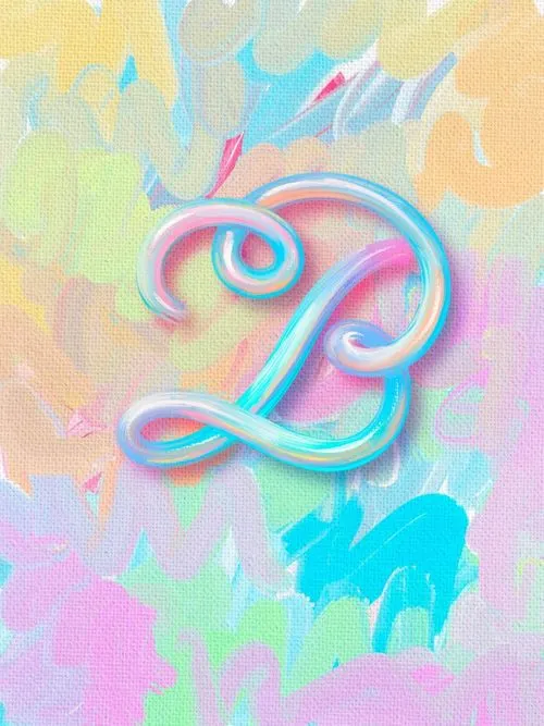Iridescent letter B with pastel brushstroke background on canvas texture.