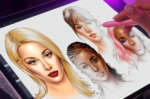 Digital artwork showing four female portraits with diverse skin tones and makeup styles, partly colored and partly sketched, on a tablet screen with a hand drawing with a stylus.