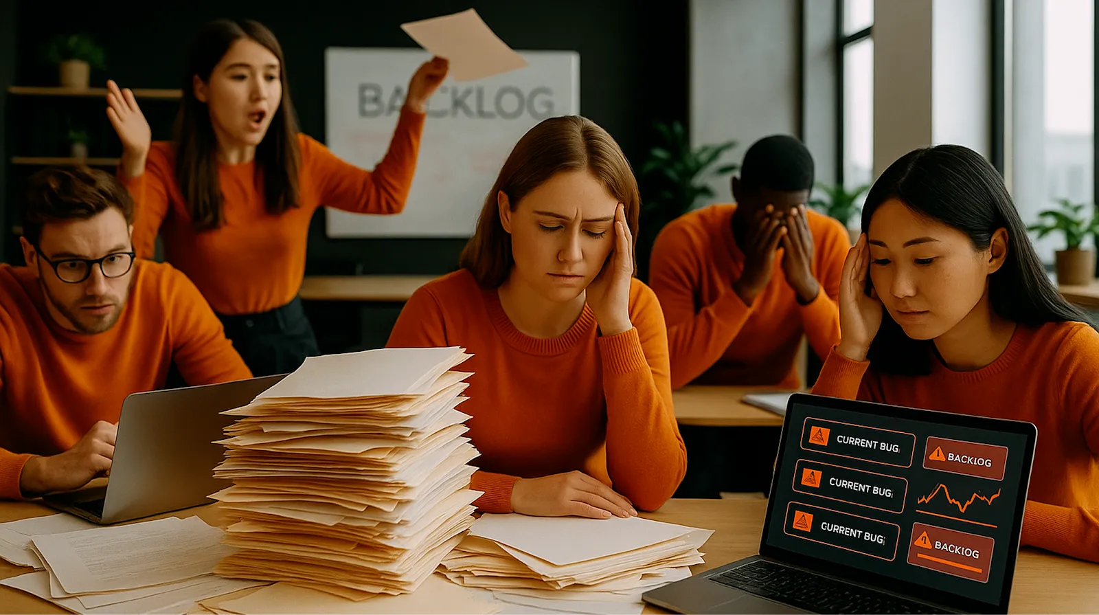 Photorealistic image of a stressed development team overwhelmed by a huge backlog. Piles of paperwork and laptops display bug alerts and backlog warnings. Team members look frustrated and exhausted, highlighting project overload, task management failure, and capacity challenges.