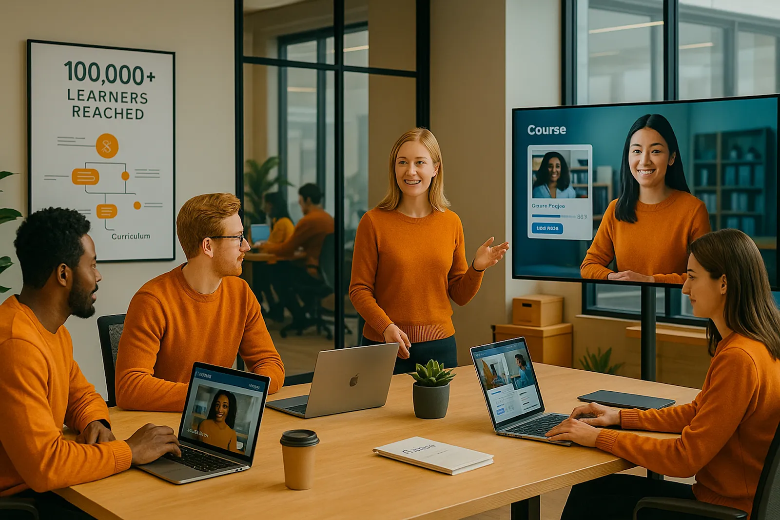 Photorealistic image of a fast-growing edtech company team in a modern office, gathered around a table with laptops and video course content on screens. A presenter stands in front of a digital display showing an online course interface. A wall poster reads “100,000+ learners reached,” highlighting rapid growth and digital learning success.