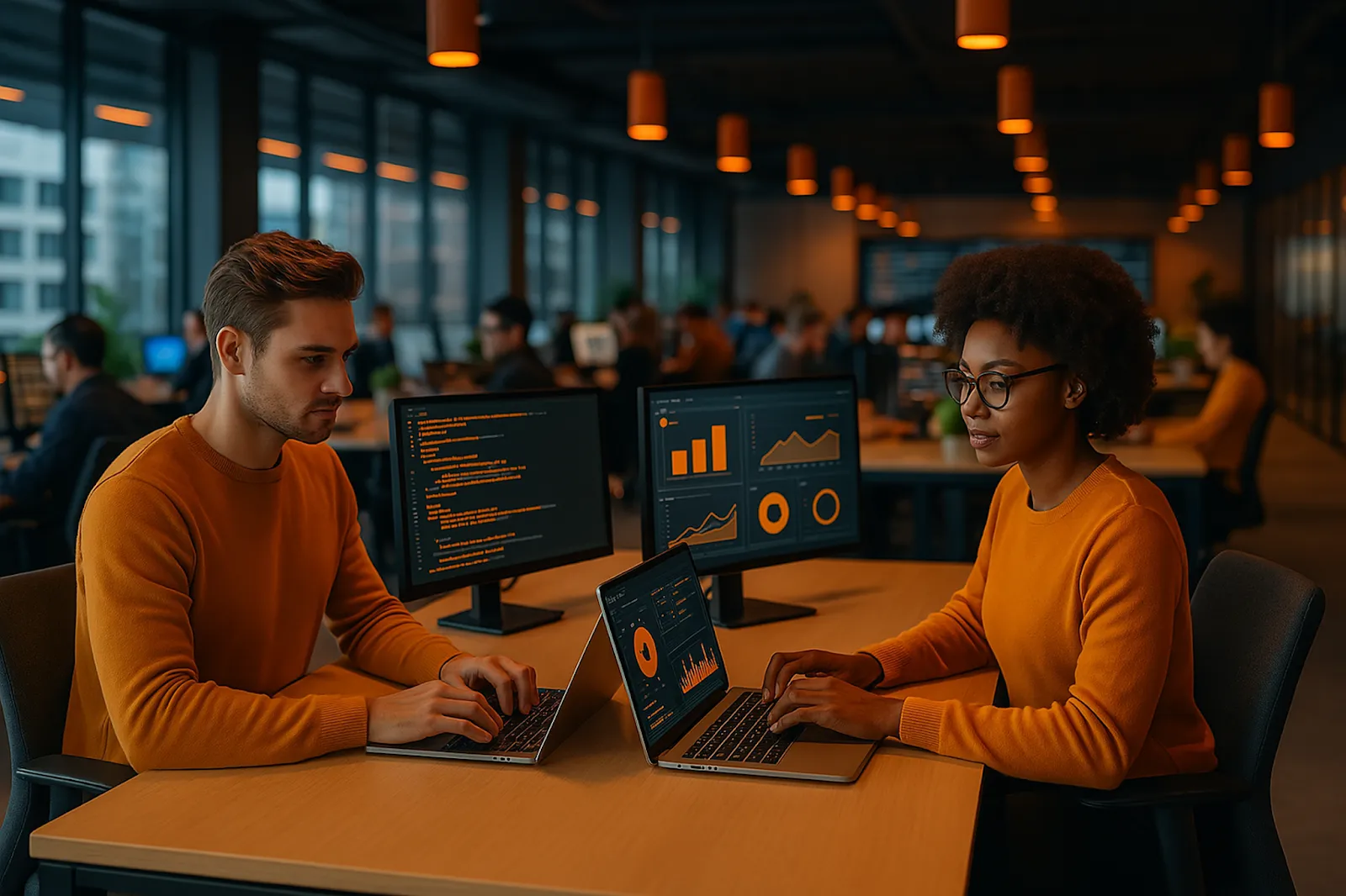 Software developers working in a global delivery center, illustrating hybrid IT outsourcing services used by large enterprises for flexibility and scale.