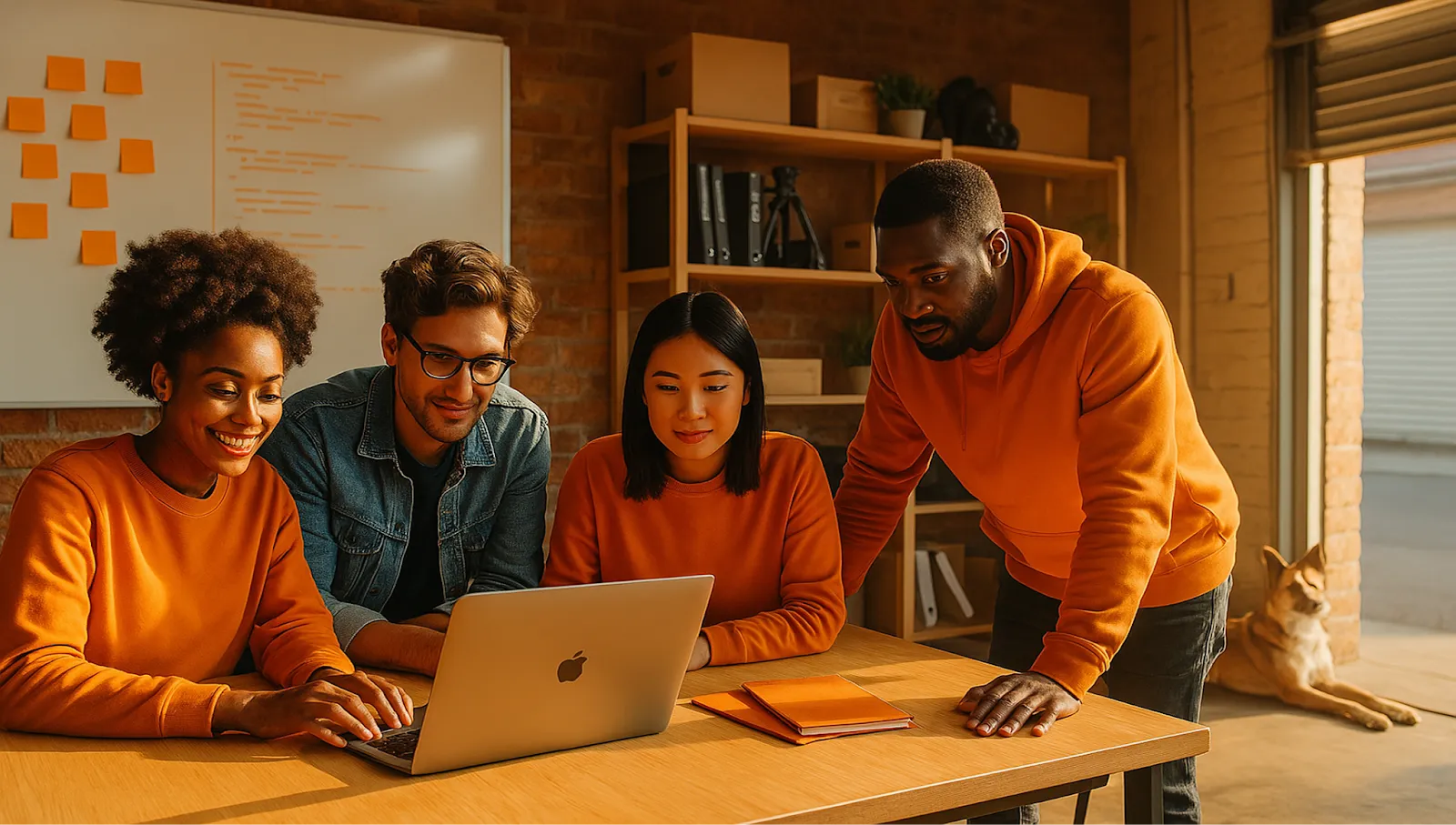 Startup team collaborating around a laptop, illustrating how early-stage companies use hybrid outsourcing to scale efficiently.