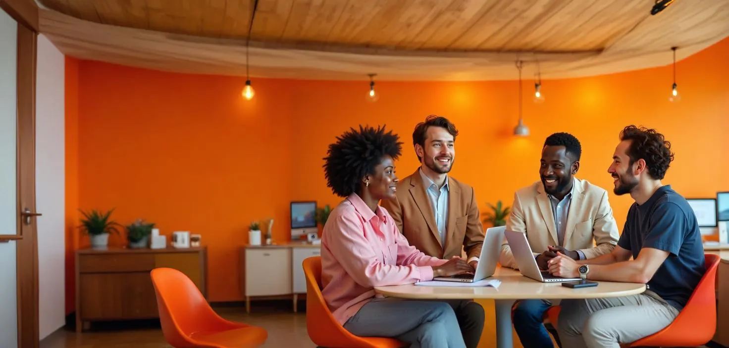 A diverse team collaborates in a modern workspace, discussing EdTech innovations and digital learning strategies. Laptops and engaged expressions highlight teamwork and technology-driven education solutions.