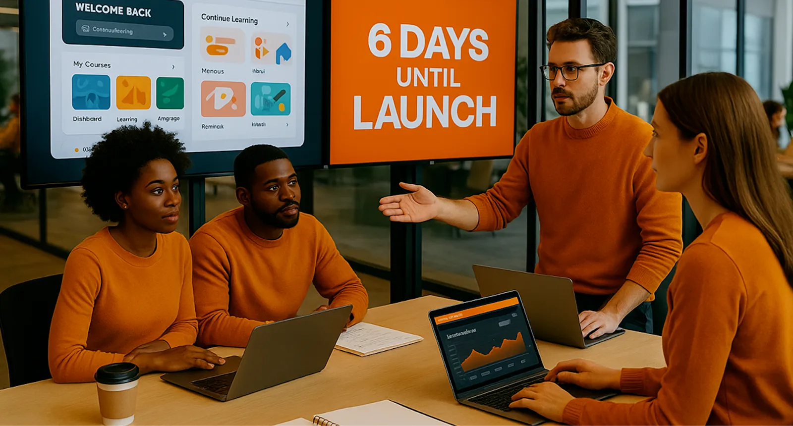 Photo showing an EdTech team preparing for launch, with a dashboard interface and countdown display reading “6 Days Until Launch,” illustrating the urgency and collaboration behind scaling education technology products.