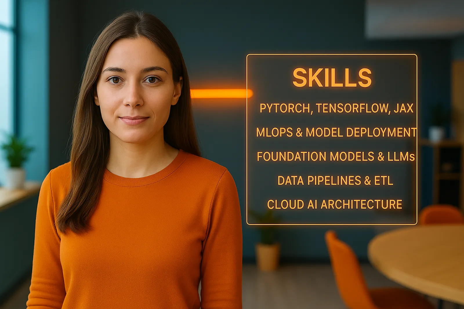 Portrait of a machine learning engineer with a highlighted skill set required for AI teams, including MLOps, foundation models, and cloud AI architecture.