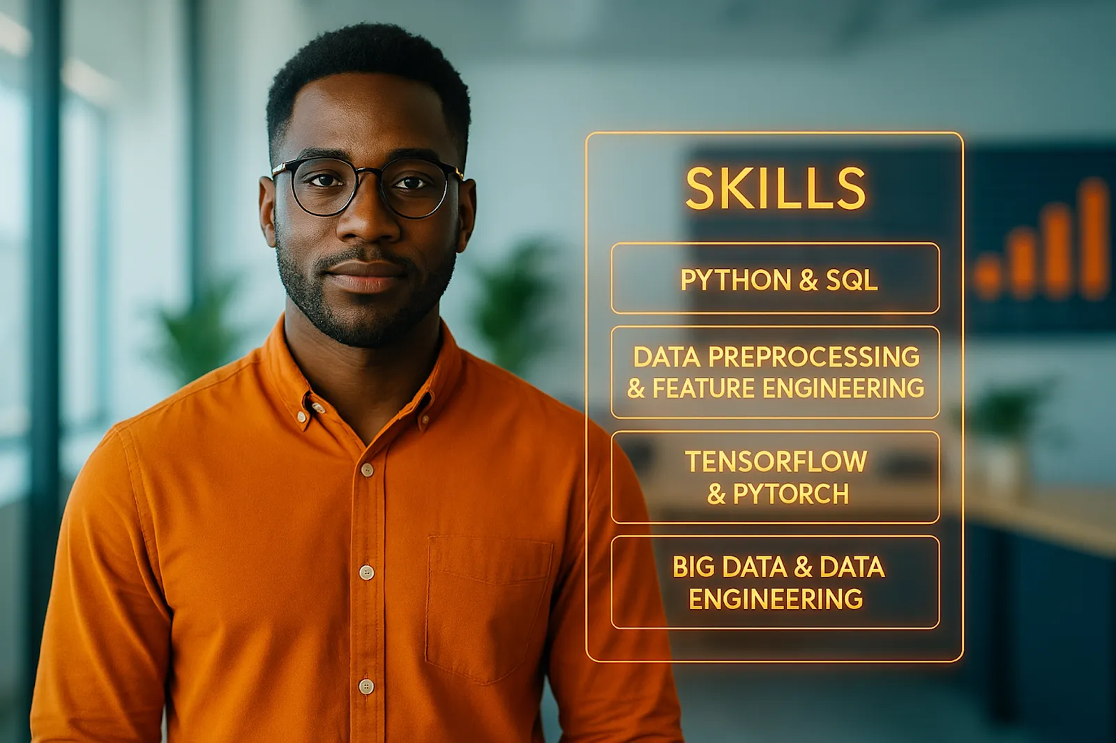 Portrait of a data scientist with key AI team skills highlighted, including Python, SQL, TensorFlow, data engineering, and feature engineering.