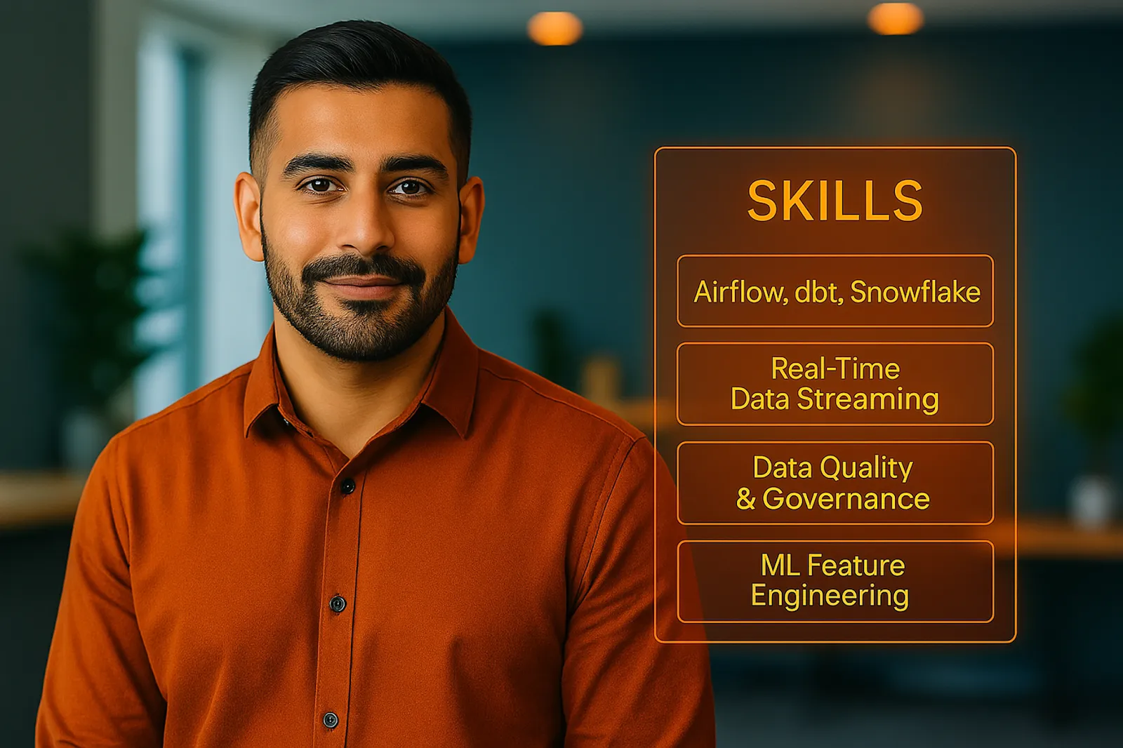 Portrait of a data engineer with essential AI team skills highlighted, including data streaming, governance, Airflow, and ML feature engineering.