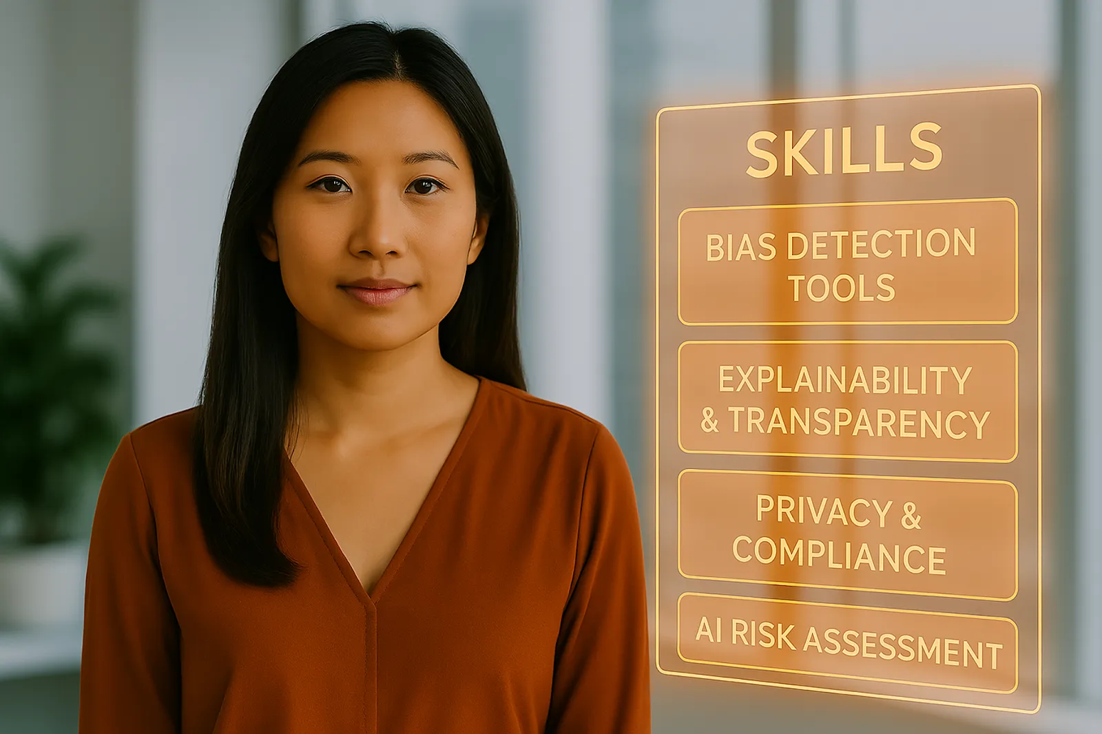 Portrait of an AI ethicist with key skills for responsible AI development, including bias detection, transparency, privacy compliance, and risk assessment.