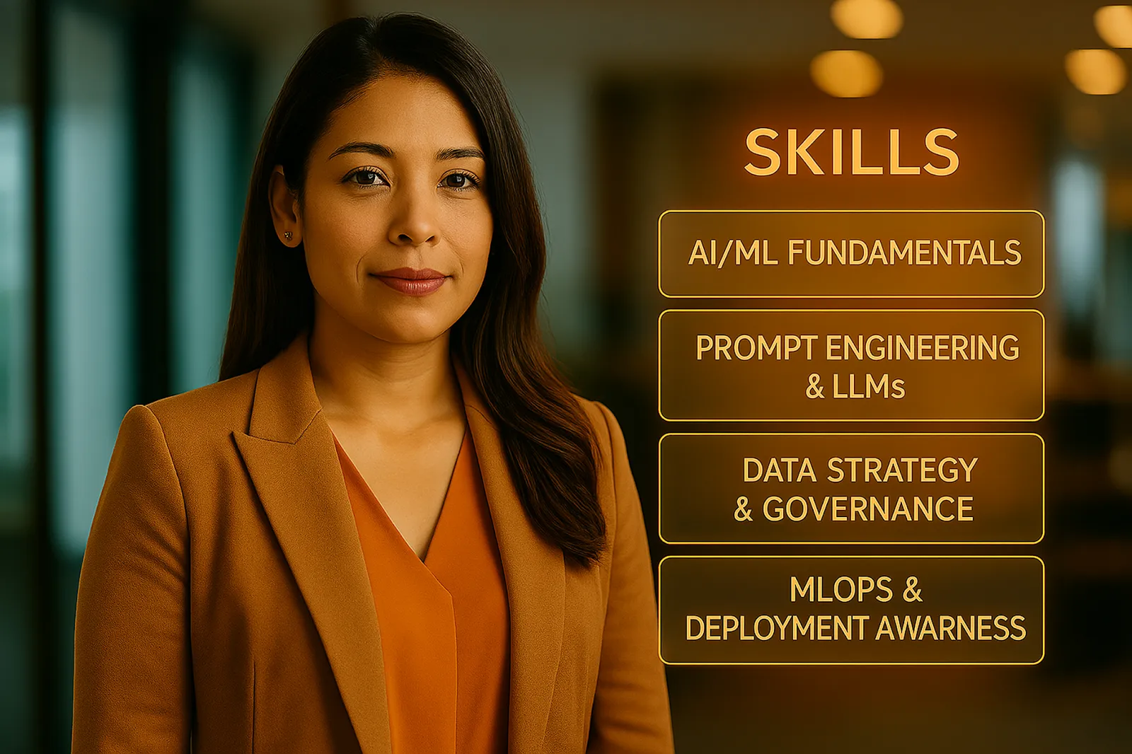 Portrait of an AI product manager highlighting essential strategy-focused skills for AI teams, including prompt engineering, LLMs, data governance, and deployment awareness.