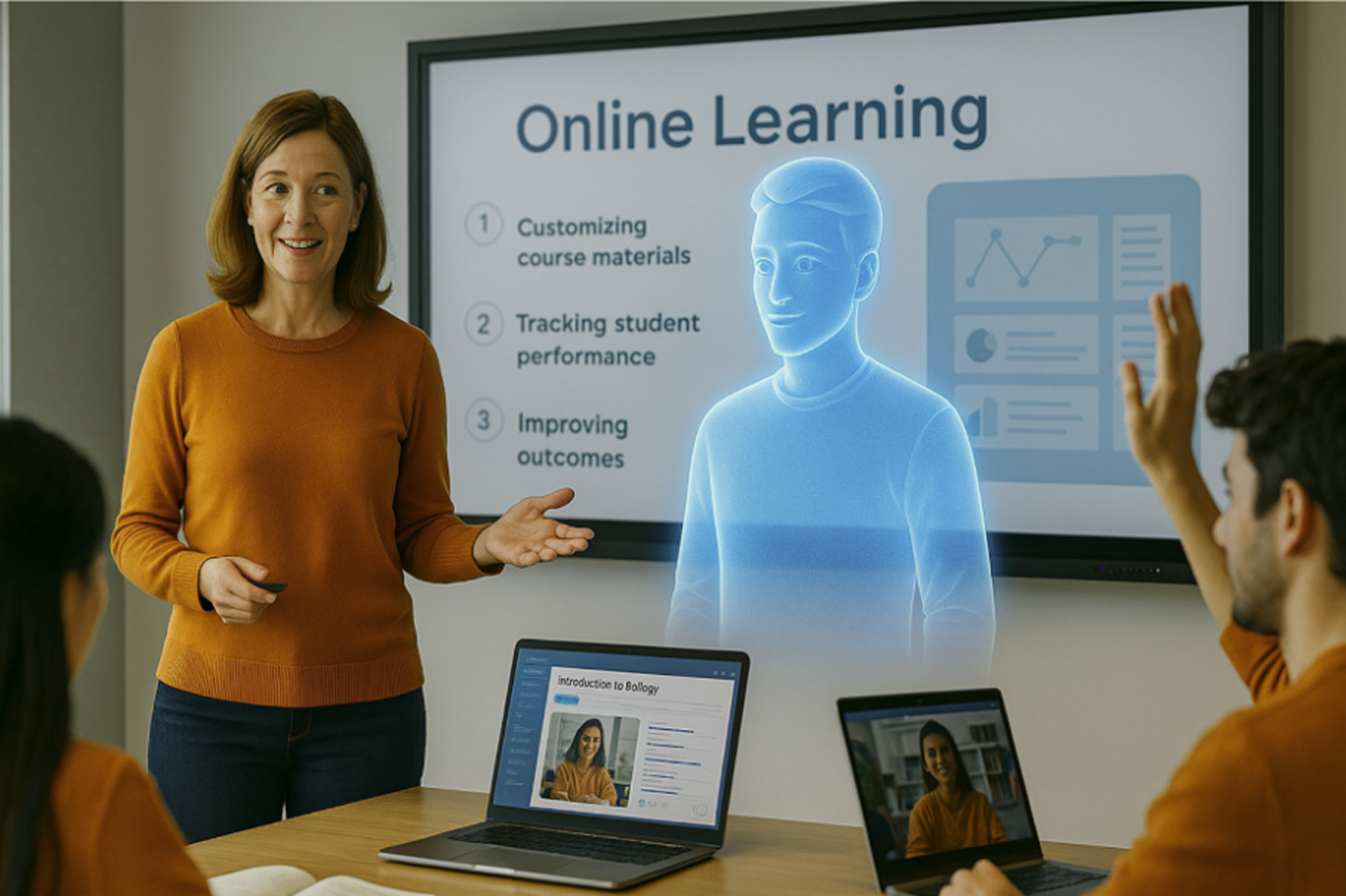 Team using online learning tools with AI-driven personalization, highlighting how EdTech customizes course materials, tracks student performance, and improves outcomes.