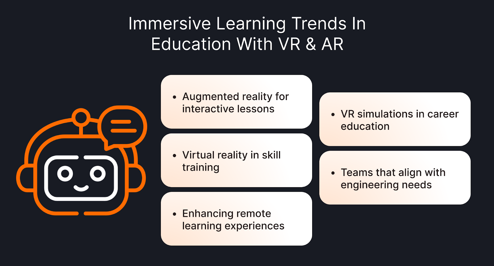 Infographic showing immersive learning trends in education with VR and AR, including augmented reality for interactive lessons, virtual reality in skill training, enhancing remote learning experiences, VR simulations in career education, and teams aligned with engineering needs.