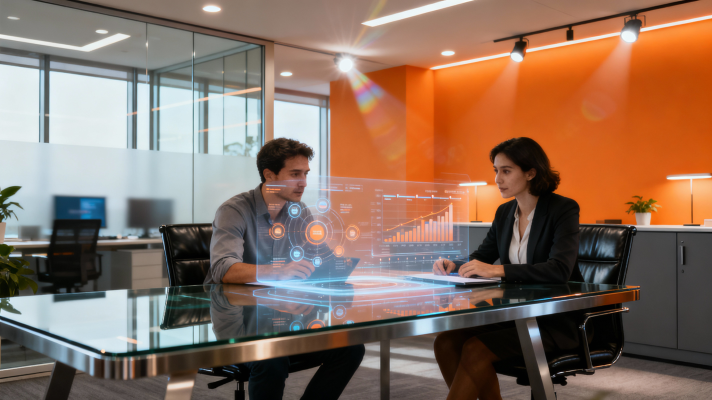 Two business professionals collaborating in a modern office with glass walls and orange accent lighting. A holographic data visualization appears to float between them as they discuss strategy across a conference table.