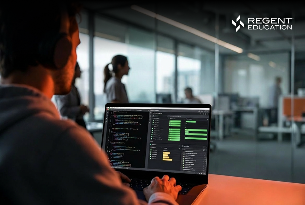 Software development team collaborating on enterprise financial aid software, reviewing code and compliance-driven workflows as part of an embedded development partnership.