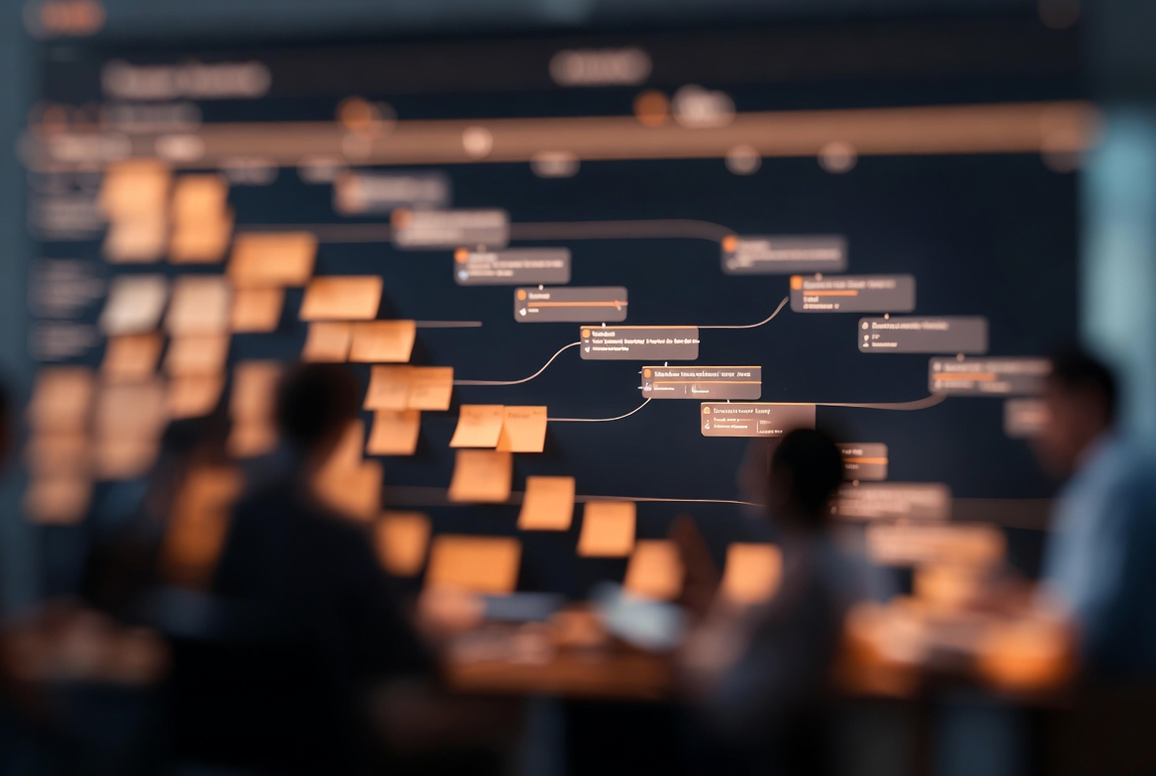AI-augmented Agile team reviewing a real-time sprint workflow, with tasks and dependencies visualized as automated pipelines during high-velocity software delivery.