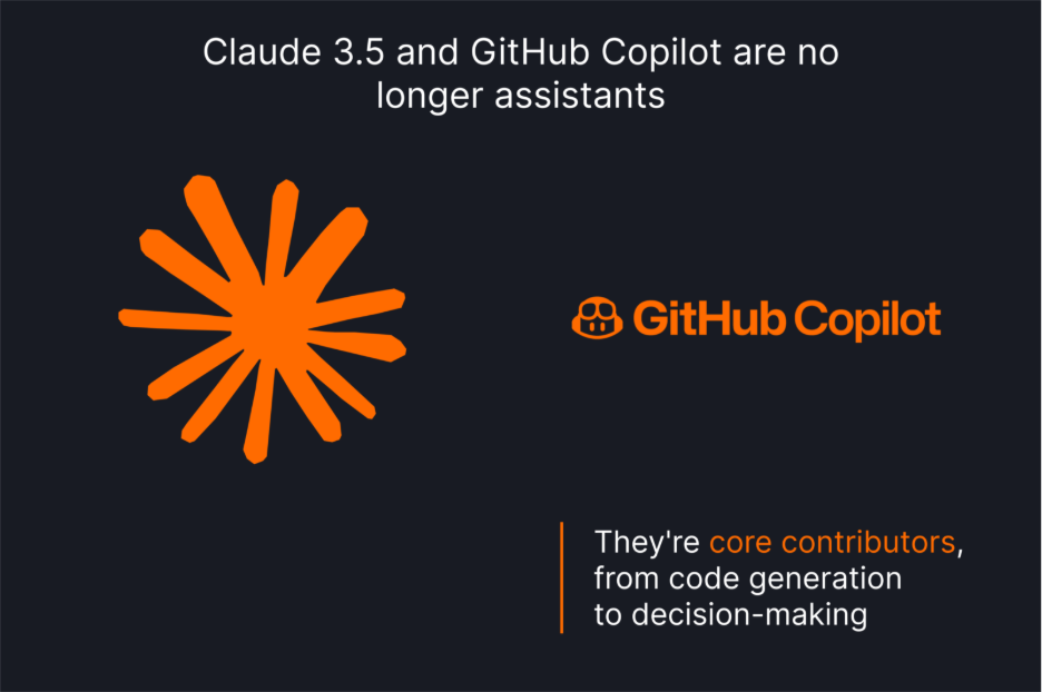 Visual stating that Claude 3.5 and GitHub Copilot are core contributors in software teams, supporting code generation and decision-making rather than acting as assistants.